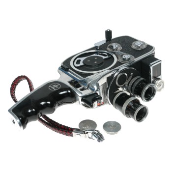 Bolex 8mm camera with 3 turret rotating lens holder case manual